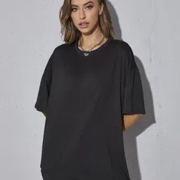 Mast & Harbour Women Solid Round Neck Cotton Oversized T-shirt-picture-3