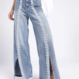 glitchez Women Wide Leg Lace & Slits Detail Panelling Heavy Fade Jeans-picture-48
