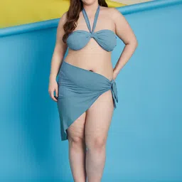 Curves By ZeroKaata Plus Size Halter Ribbed Beachwear Swim Bikini Set With Sarong-image-63