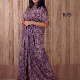 CLYMAA Purple Pure Cotton Maxi Printed Nightdress-image-40