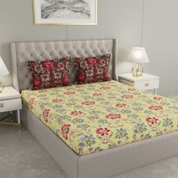 Raymond Home Yellow & Maroon Floral 110 TC Queen Bedsheet with 2 Pillow Covers-image-61