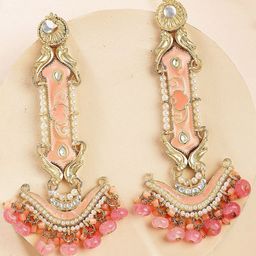 KARATCART Gold-Plated Geometric Shaped Kundan Pearls Studded Enamelled Drop Earrings-picture-9