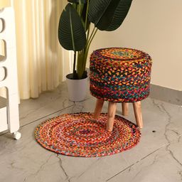 Kuber Industries Red & Brown 2 Pieces Ottoman Stool With Doormat-25