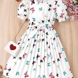 Kidotsav Girls Printed Puff Sleeve Fit & FlareDress-image-9