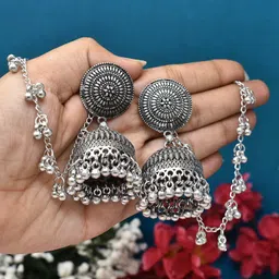 MEIRA JEWELLERY Silver-Plated Oxidised Dome Shaped Jhumkas-picture-20