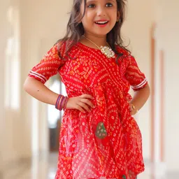 Thread & Button Girls Bandhani Printed Regular Silk Chiffon Kurta with Trousers image 5