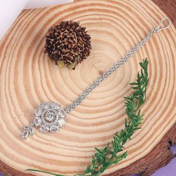 TANAIRA Rhodium-Plated American Diamond Studded Maang Tikka Head Jewellery-image-26