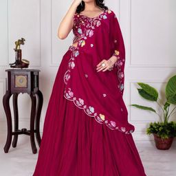 ODETTE Floral Embroidered Thread Work Semi-Stitched Lehenga & Blouse With Dupatta-image-9