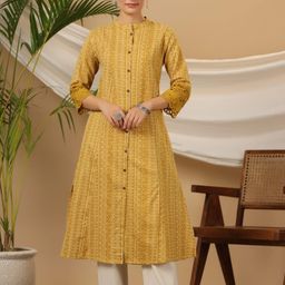 INDYES Bandhani Printed Mandarin Collar Pure Cotton A-Line Kurta With Trousers-image-66