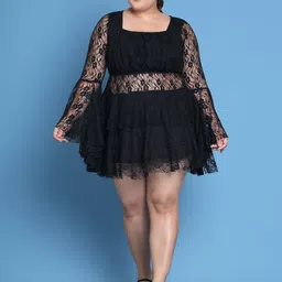 theRebelinme Women Plus Size Flared Sleeve Square Neck Layered Lace A-Line Mini Dress-picture-12