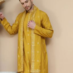 Jompers Floral Embroidered Mandarin Collar Sequins Silk Kurta With Dupatta-10