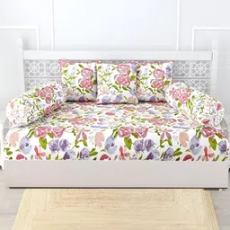 Trance Home Linen 6-Pcs White & Purple Printed Cotton Diwan Set-picture-0