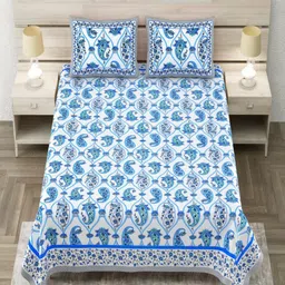Aapno Rajasthan Blue & White Ethnic Motifs 144 TC King Bedsheet with 2 Pillow Covers-image-43