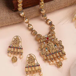 KARATCART Gold-Plated Radha Krishna Rani Haar Necklace Set With Red & Green Stones-50