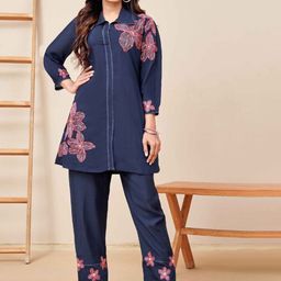 Navvi Embroidered Shirt Collar Top With Trousers Co-Ords Set-image-17