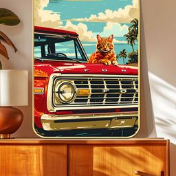 SAF Red & Blue Vintage Cat on Classic Car Wooden Wall Art-image-37