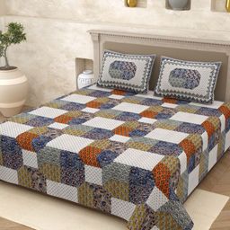 Homez Sparrow Multicoloured & Blue Ethnic Motifs 210 TC King Bedsheet with 2 Pillow Covers-10