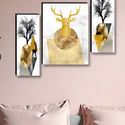 SAF Gold-Toned & Black 3 Pieces Birds and Animals Printed Wooden Wall Art-image-80