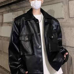 HERE&NOW Men Spread Collar Solid Leather Casual Leather Jacket-picture-36