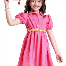 Hola Bonita Girls Shirt Collar Puff Sleeves Fit and Flare Dress-image-58