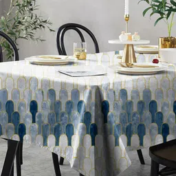 CASABLEU Blue & White 2 Pieces Geometric Printed 6 Seater Table Cover-49