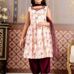 Sangria Girls Floral Printed Anarkali Kurta With Patiala & Dupatta-image-84