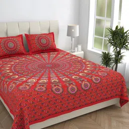 HOMELINE Red & Blue Floral Printed Cotton144 TC King Bedsheet Set 2.286 m x 2.621m-image-18