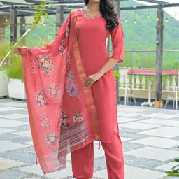 SINGNI Women Floral Yoke Design Silk Kurta with Trousers & Dupatta-image-66