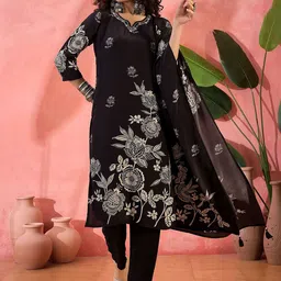 Sangria Floral Printed Notch Neck Straight Kurta With Trouser And Dupatta-53