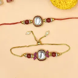 Sangria Bhaiya Bhabhi Kundan Studded & Beaded Rakhi With Roli Chawal-41