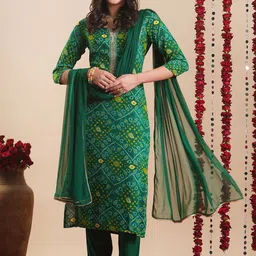 KALINI Bandhani Printed Mirror Work Straight Kurta With Trouser & Dupatta-41