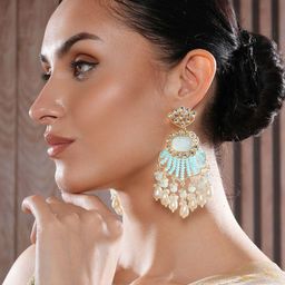 DressBerry Gold Plated Kundan Beaded Contemporary Drop Earrings-17