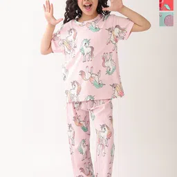 Anthrilo Pack Of 3 Girls Unicorn Star,cherry Red And Icecream Short Sleeve Night suit-image-34