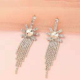 DressBerry Silver-Plated Artificial Stones Studded Floral Shaped Drop Earrings-image-73