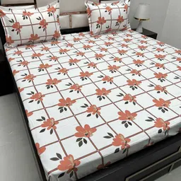 Pure Decor Orange & White Floral 220 TC Queen Bedsheet with 2 Pillow Covers-picture-46