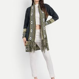 HAUTEMODA Printed Front Open Woollen Sweater Shrug-17
