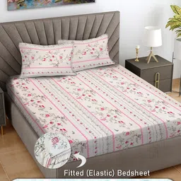Myntra Elegant Homes Beige & Pink Floral 300 TC Fitted Super King Bedsheet Set-2.7m X 2.7m-48