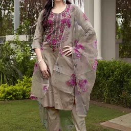 Tikhi Imli Floral Embroidered Straight Kurta with Trousers & Dupatta-image-95