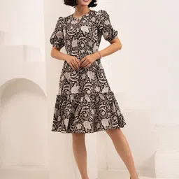 DressBerry Women Floral Printed Keyhole Neck Fit & Flare Dress-image-90