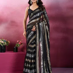 CLEMIRA Embellished Sequinned Pure Georgette Saree-picture-3