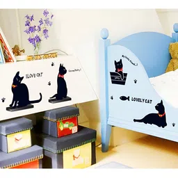 INDIAN ROYALS Black & Red Cute Playing Cats Printed Self Adhesive Waterproof Wall Stickers-image-73