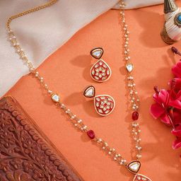 AARSEE OFFICIAL Anti-Tarnish 22KT Gold-Plated Red Jadau Kundan Pearl Chain Necklace Set-57