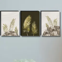Aura Cream-Coloured & Gold-Toned 3 Pieces Leaf Wooden Painting Wall Art-41