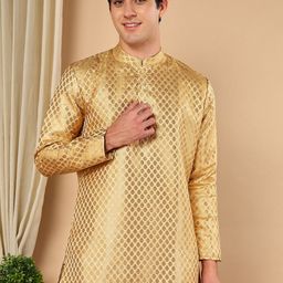 TATTVA Ethnic Motifs Woven Design Mandarin Collar Jacquard Straight Short Kurta-image-47
