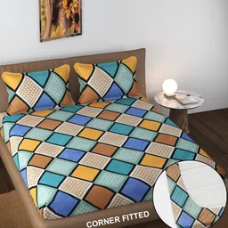 FINE TEX WORLD Blue & White Geometric 180 TC King Bedsheet with 2 Pillow Covers-5