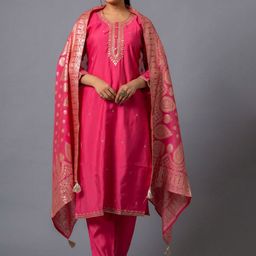 KALINI Floral Embroidered Sequinned Chanderi Silk Kurta With Trousers & Dupatta-29
