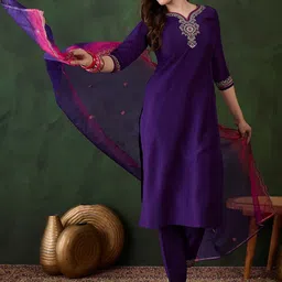 Sangria Purple Floral Embroidered Zari Straight Kurta With Trouser & Dupatta-36