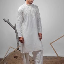 Rawayi Men Ethnic Embroidered Sequined Band Collar Kurta-image-23
