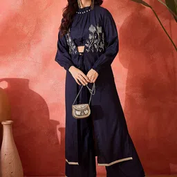 Sangria Embroidered Shrug Crop Top With Trousers Co-Ords-picture-23