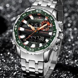 Naviforce Men Brass Dial & Stainless Steel Straps Analogue and Digital Multi Function Watch NF9234 SGNS-43